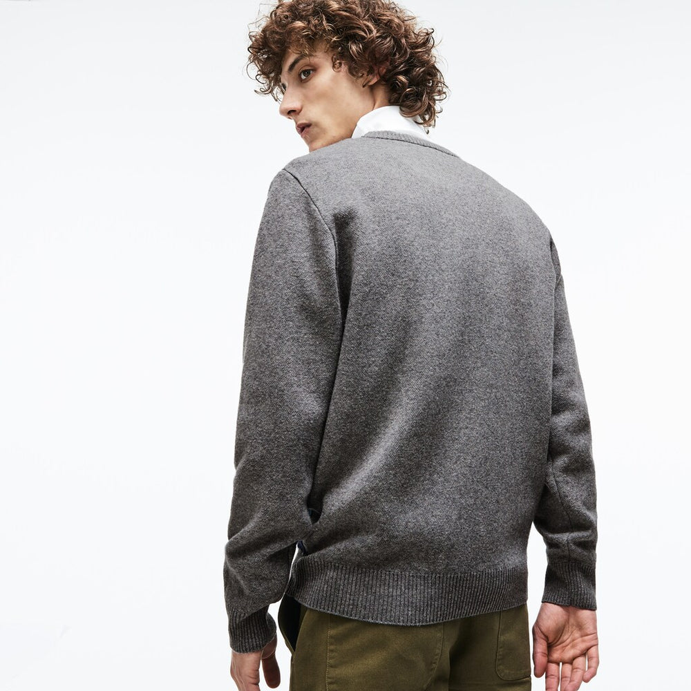 Mens   Crew Neck Alpine Print Wool And Cotton Jacquard Sweater | Lacoste Grey / Green / Blue / White • B5J