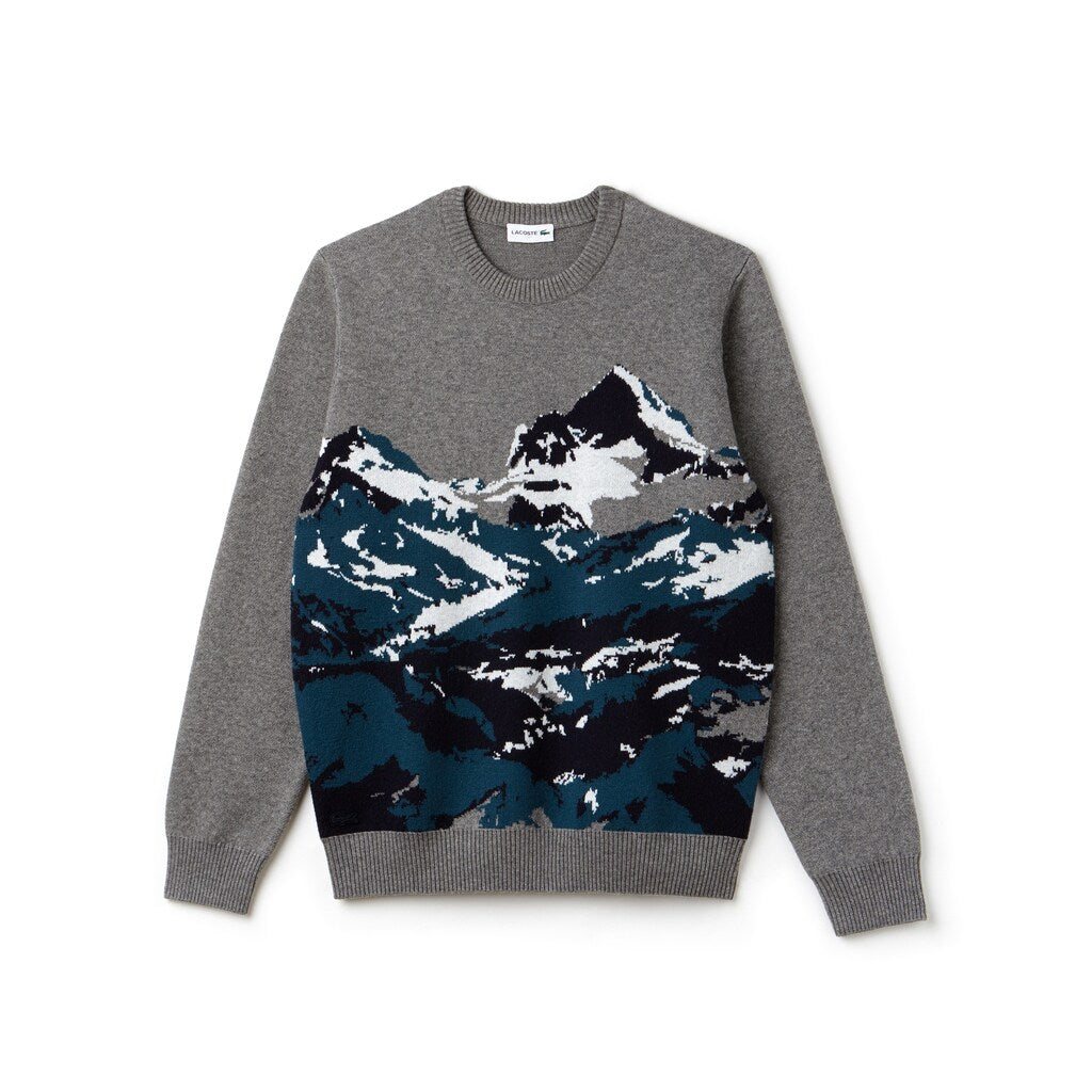Mens   Crew Neck Alpine Print Wool And Cotton Jacquard Sweater | Lacoste Grey / Green / Blue / White • B5J