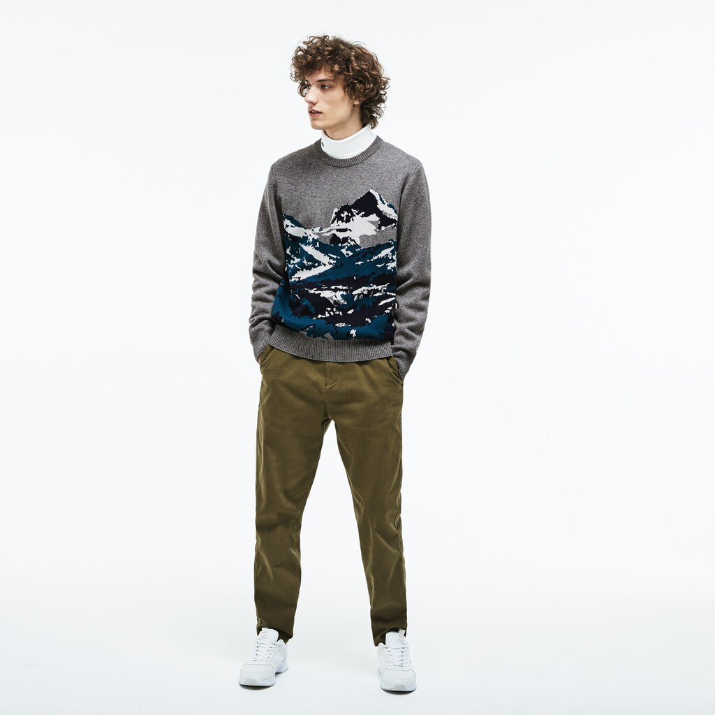 Mens   Crew Neck Alpine Print Wool And Cotton Jacquard Sweater | Lacoste Grey / Green / Blue / White • B5J