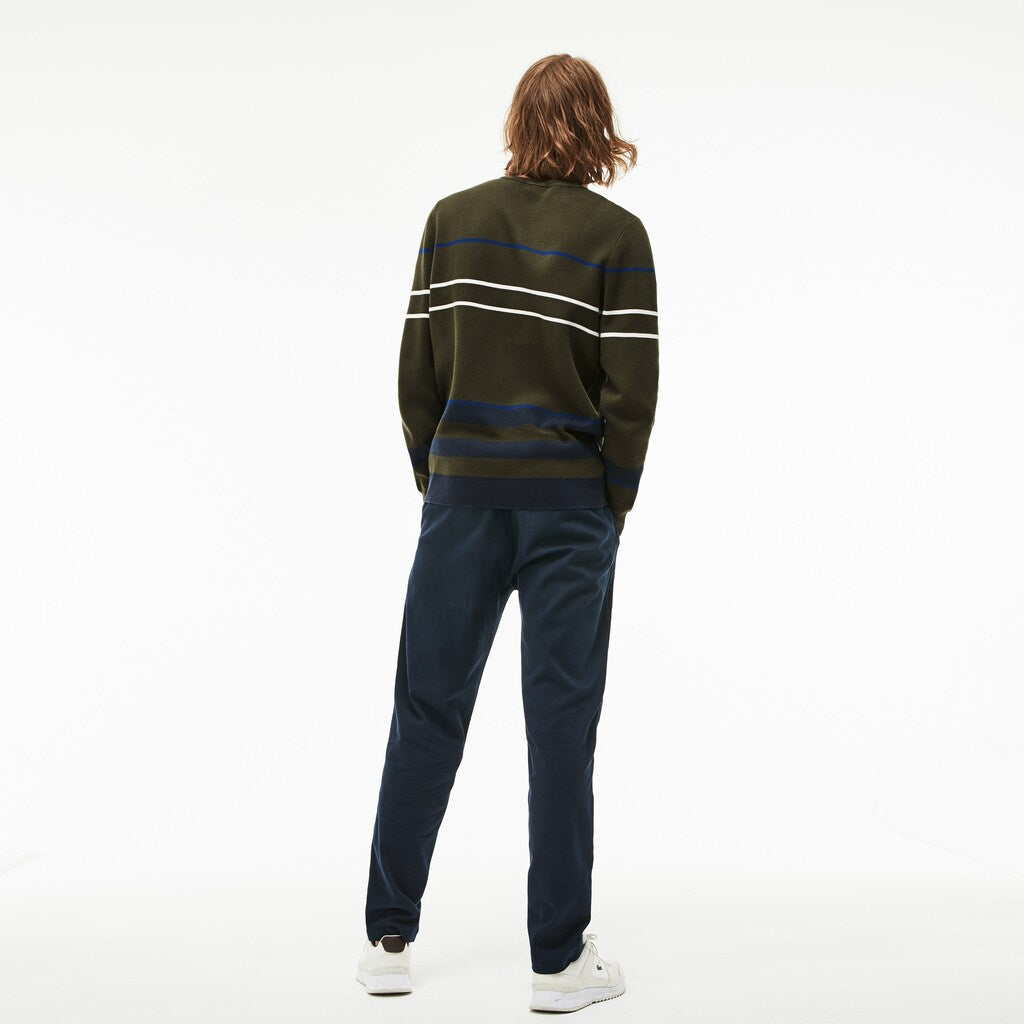 Mens   Crew Neck Multicolor Striped Milano Cotton Sweater | Lacoste Khaki Green / Blue / Navy Blue / White • C3K