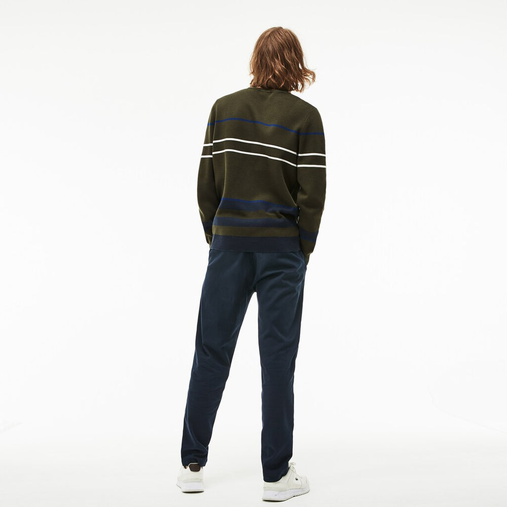 Mens   Crew Neck Multicolor Striped Milano Cotton Sweater | Lacoste Khaki Green / Blue / Navy Blue / White • C3K