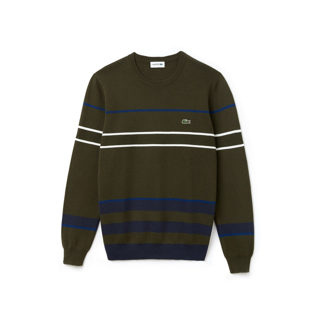 Mens   Crew Neck Multicolor Striped Milano Cotton Sweater | Lacoste Khaki Green / Blue / Navy Blue / White • C3K