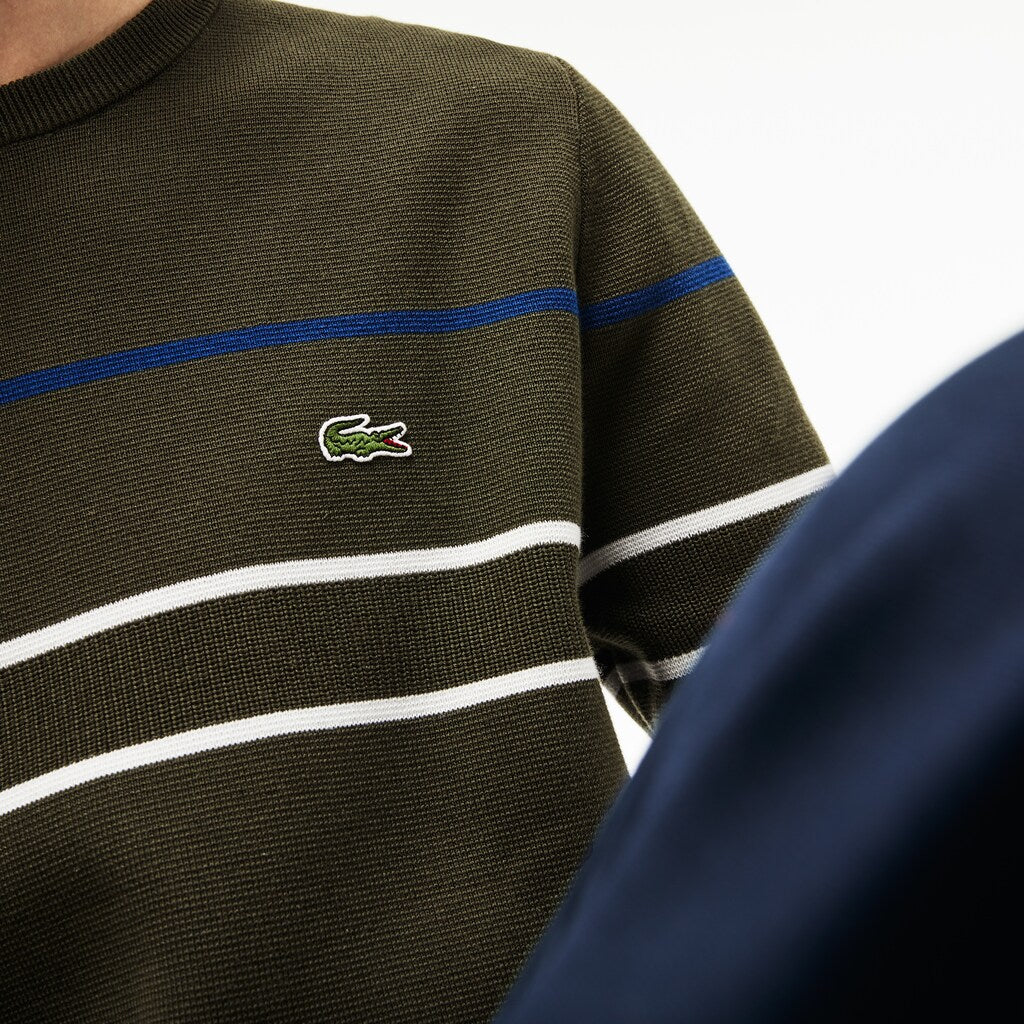 Mens   Crew Neck Multicolor Striped Milano Cotton Sweater | Lacoste Khaki Green / Blue / Navy Blue / White • C3K