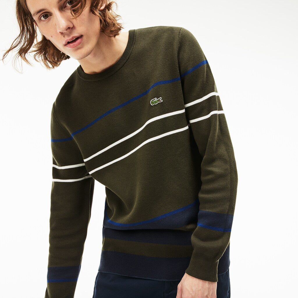 Mens   Crew Neck Multicolor Striped Milano Cotton Sweater | Lacoste Khaki Green / Blue / Navy Blue / White • C3K
