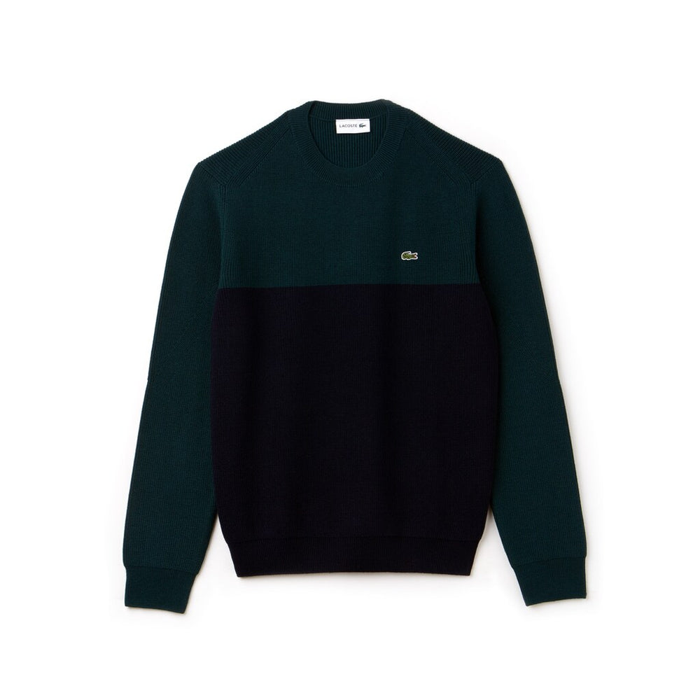 Mens   Crew Neck Ribbed Wool Sweater | Lacoste Navy Blue / Green • Dvq
