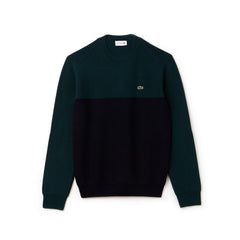 Mens   Crew Neck Ribbed Wool Sweater | Lacoste Navy Blue / Green • Dvq