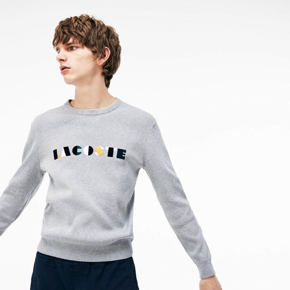 Mens   Crew Neck Lettering Ribbed Pima Cotton Sweater | Lacoste Grey / White • E6W