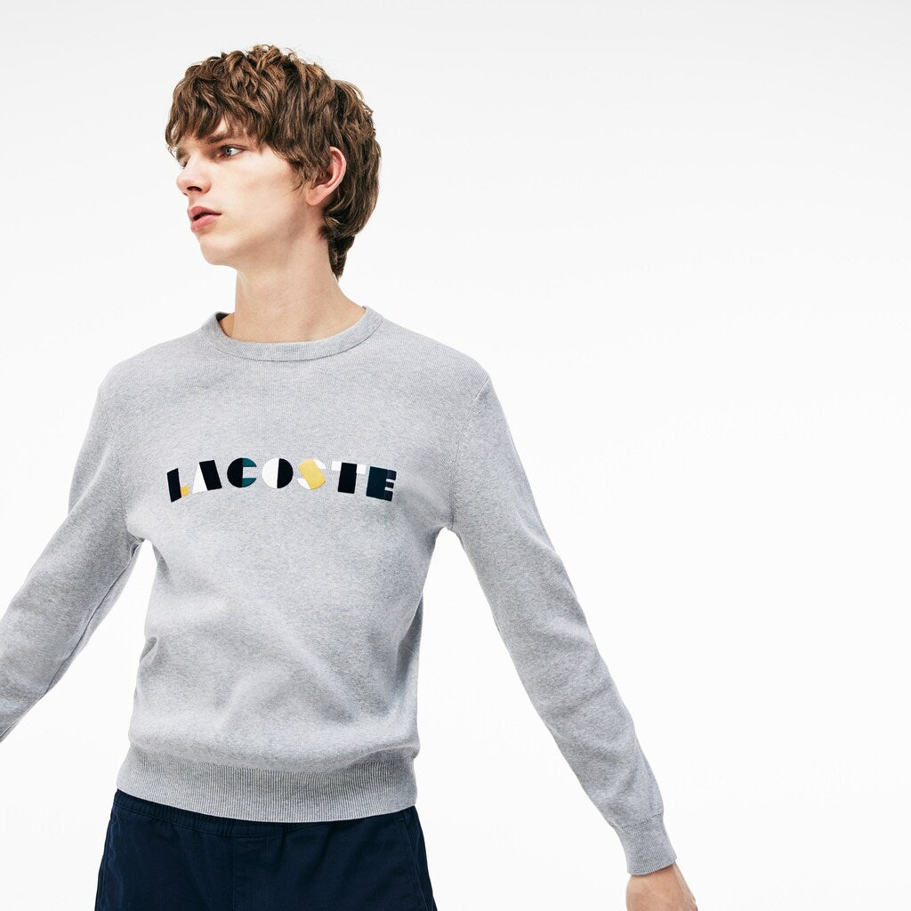 Mens   Crew Neck Lettering Ribbed Pima Cotton Sweater | Lacoste Grey / White • E6W