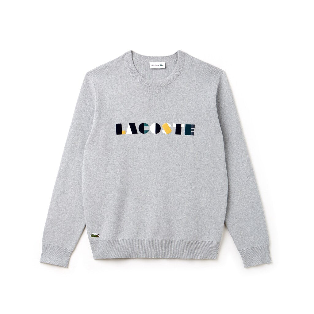 Mens   Crew Neck Lettering Ribbed Pima Cotton Sweater | Lacoste Grey / White • E6W