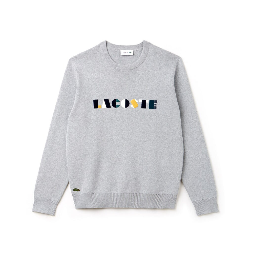 Mens   Crew Neck Lettering Ribbed Pima Cotton Sweater | Lacoste Grey / White • E6W