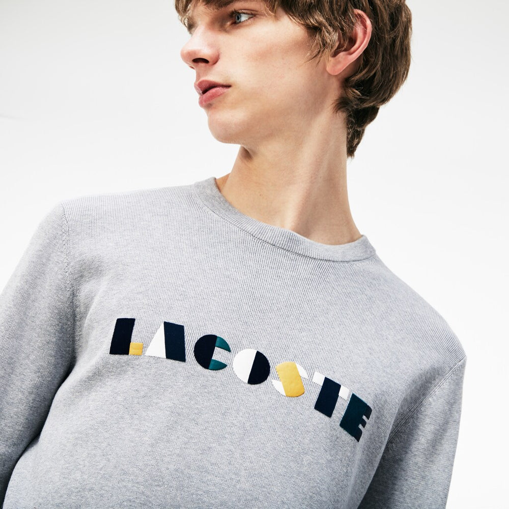 Mens   Crew Neck Lettering Ribbed Pima Cotton Sweater | Lacoste Grey / White • E6W