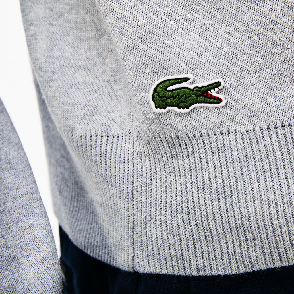 Mens   Crew Neck Lettering Ribbed Pima Cotton Sweater | Lacoste Grey / White • E6W