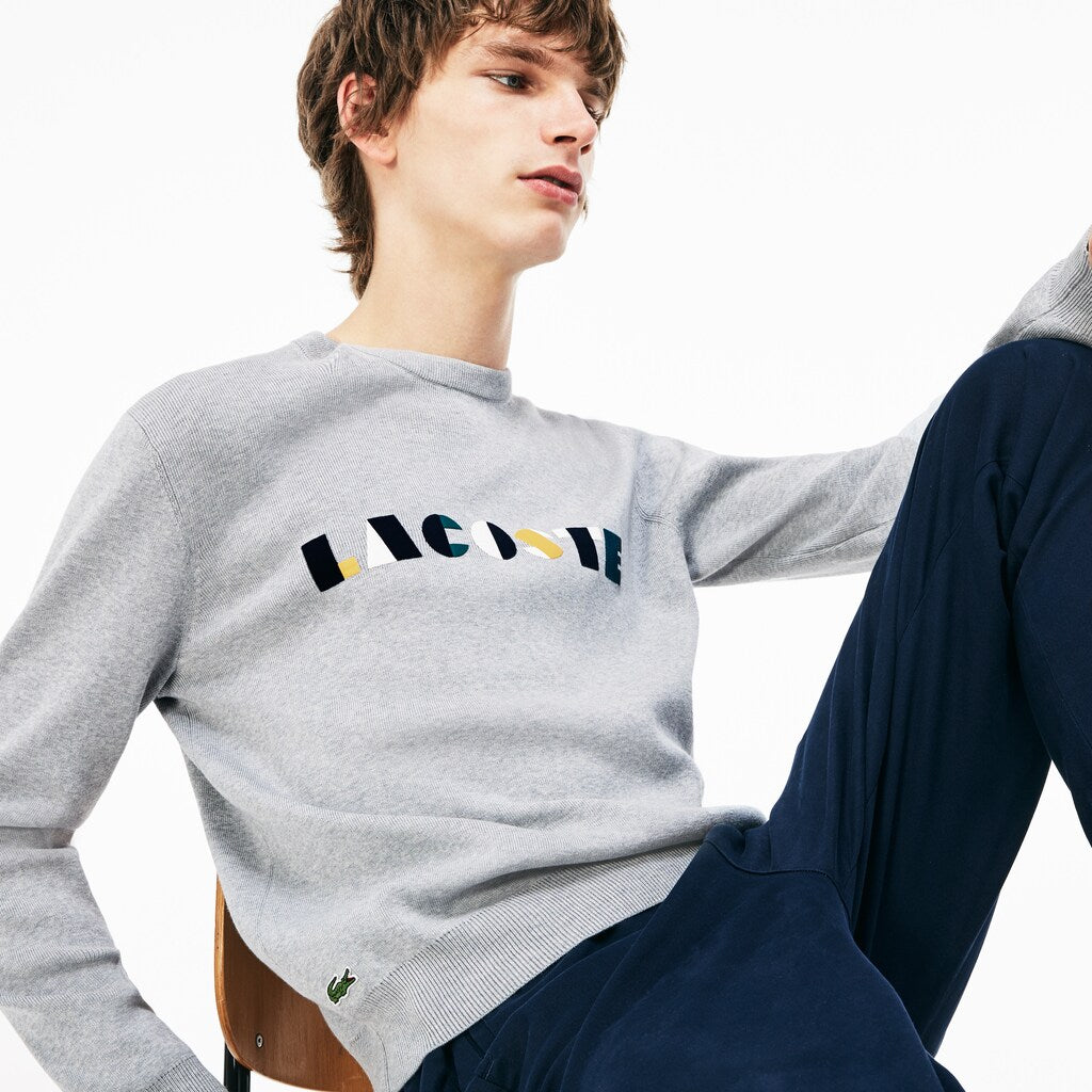 Mens   Crew Neck Lettering Ribbed Pima Cotton Sweater | Lacoste Grey / White • E6W