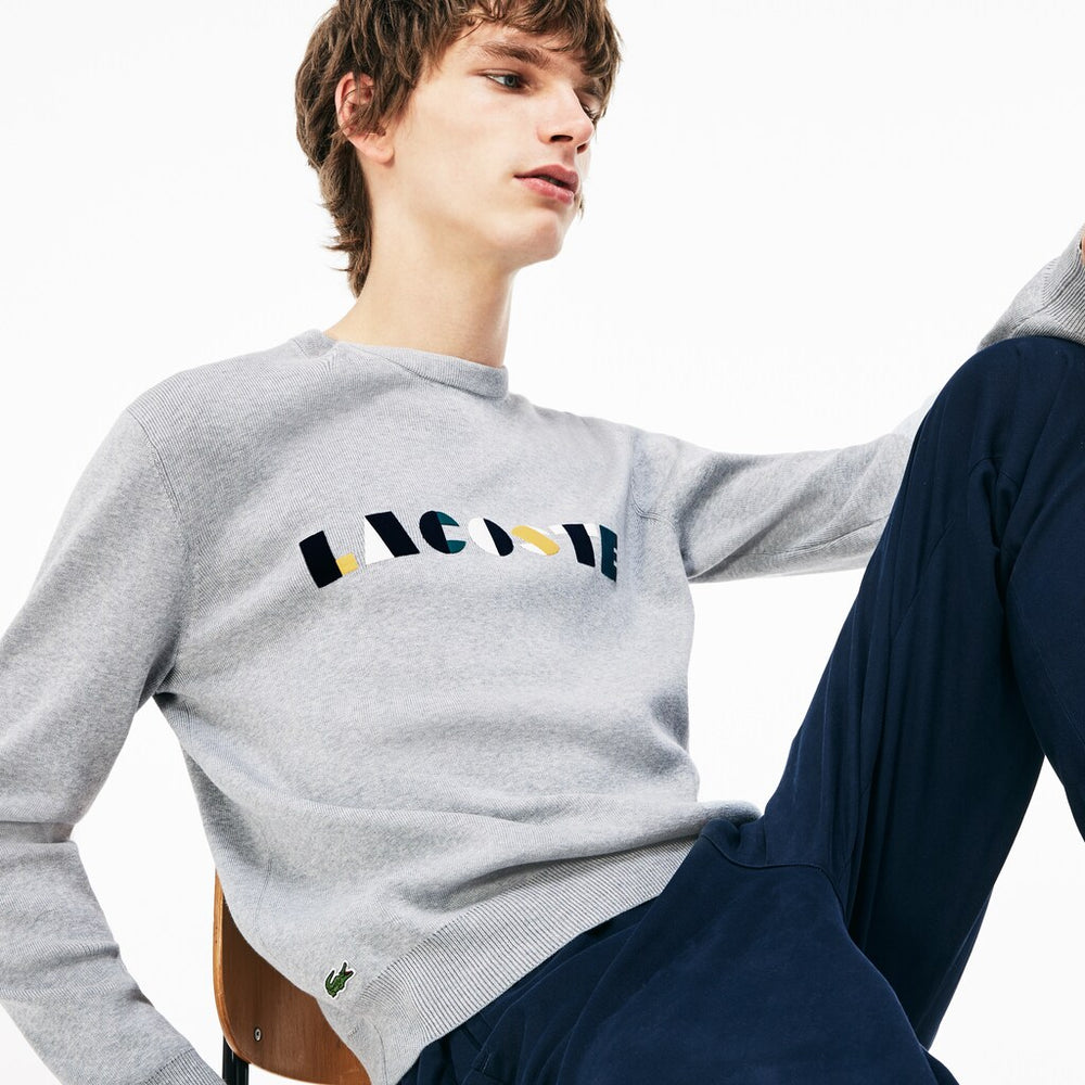 Mens   Crew Neck Lettering Ribbed Pima Cotton Sweater | Lacoste Grey / White • E6W