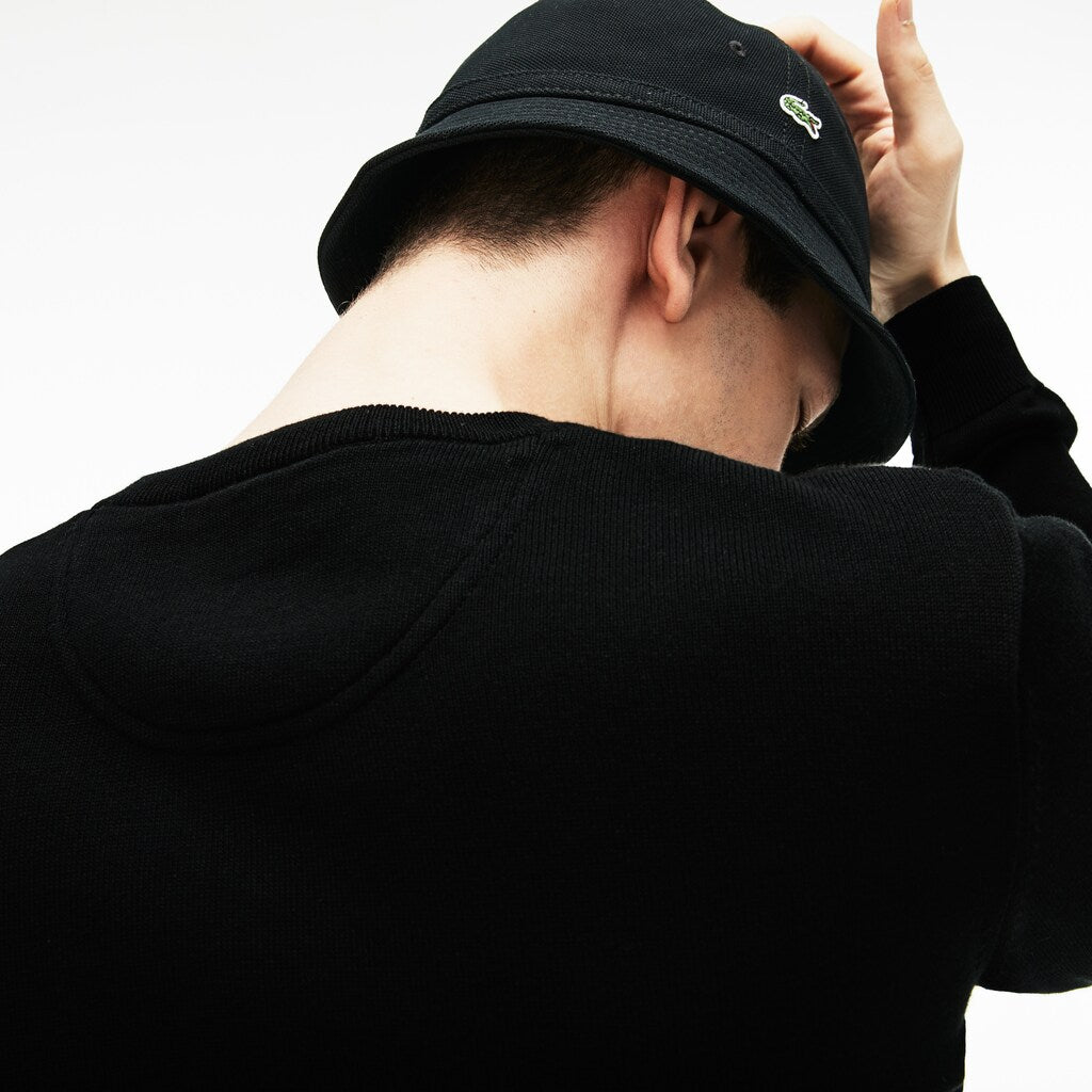 Mens   V-neck Caviar Piqué Accent Cotton Jersey Sweater | Lacoste Black / White / Black • N72