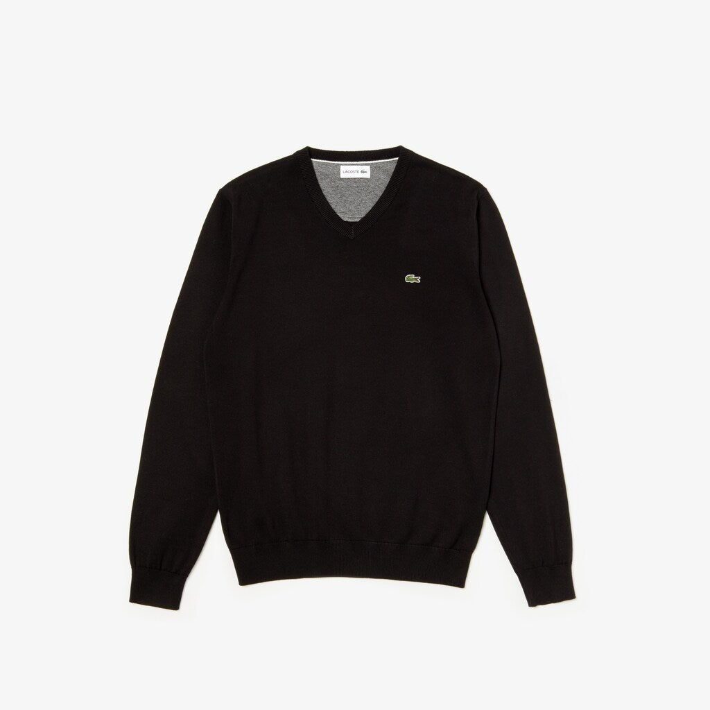 Mens   V-neck Caviar Piqué Accent Cotton Jersey Sweater | Lacoste Black / White / Black • N72
