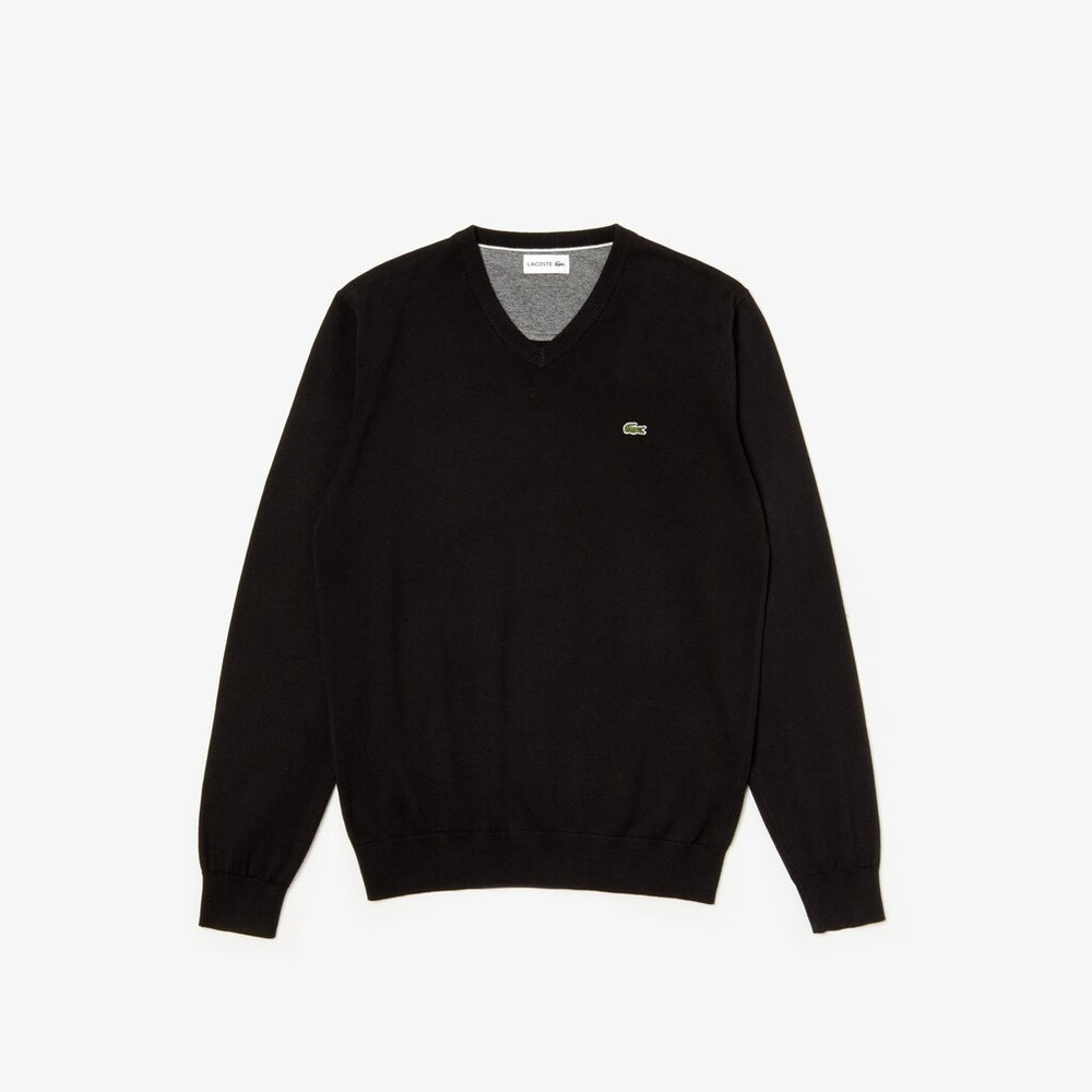 Mens   V-neck Caviar Piqué Accent Cotton Jersey Sweater | Lacoste Black / White / Black • N72