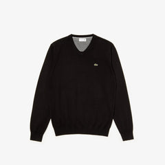 Mens   V-neck Caviar Piqué Accent Cotton Jersey Sweater | Lacoste Black / White / Black • N72