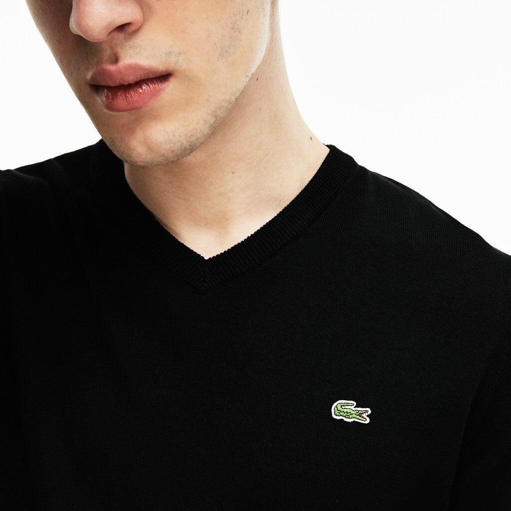 Mens   V-neck Caviar Piqué Accent Cotton Jersey Sweater | Lacoste Black / White / Black • N72