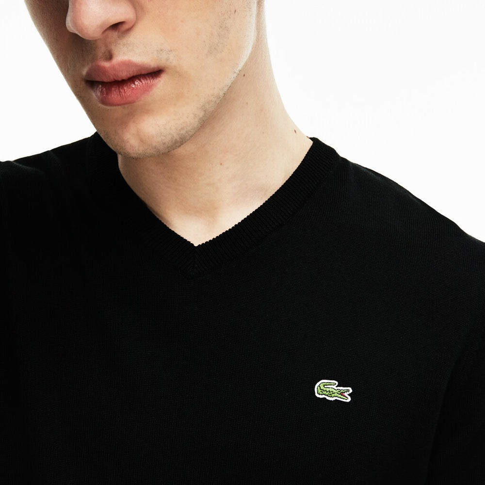Mens   V-neck Caviar Piqué Accent Cotton Jersey Sweater | Lacoste Black / White / Black • N72