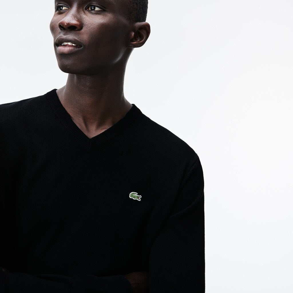Mens   V-neck Caviar Piqué Accent Cotton Jersey Sweater | Lacoste Black / White / Black • N72