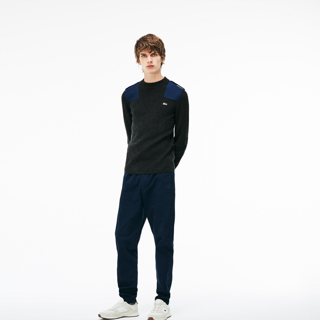 Mens   Crew Neck Colorblock Ribbed Wool And Cotton Sweater | Lacoste Grey / Navy Blue • D9E