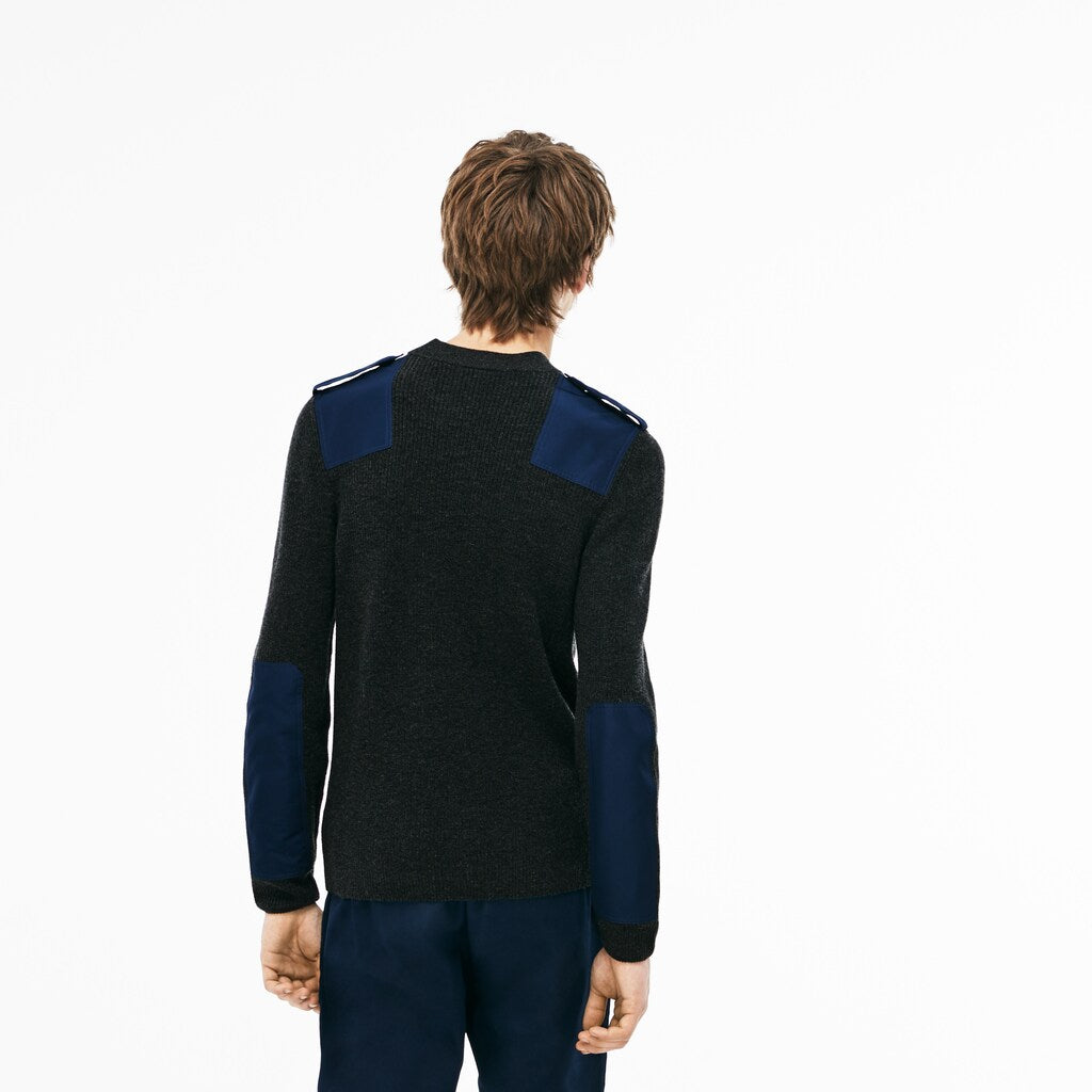 Mens   Crew Neck Colorblock Ribbed Wool And Cotton Sweater | Lacoste Grey / Navy Blue • D9E