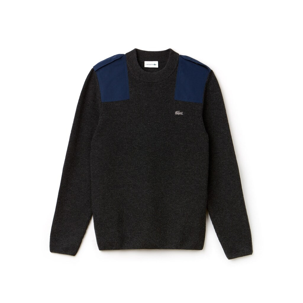 Mens   Crew Neck Colorblock Ribbed Wool And Cotton Sweater | Lacoste Grey / Navy Blue • D9E