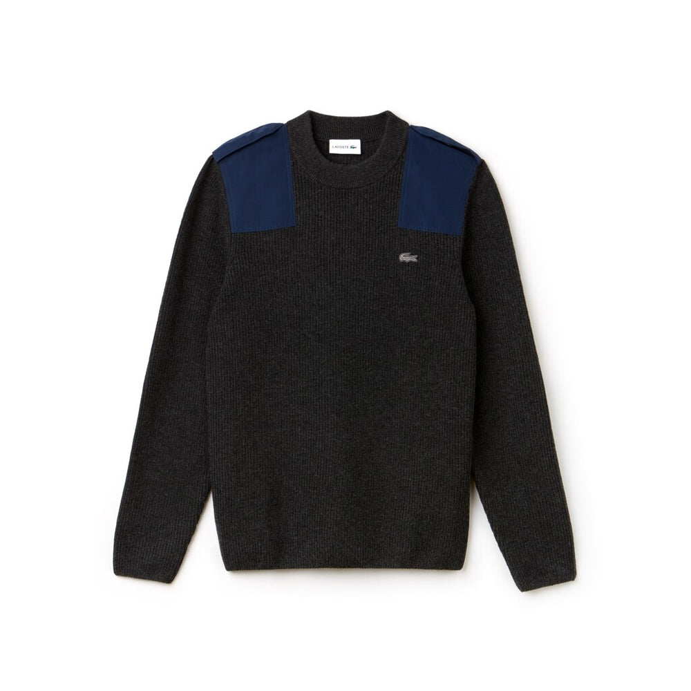 Mens   Crew Neck Colorblock Ribbed Wool And Cotton Sweater | Lacoste Grey / Navy Blue • D9E