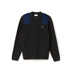 Mens   Crew Neck Colorblock Ribbed Wool And Cotton Sweater | Lacoste Grey / Navy Blue • D9E