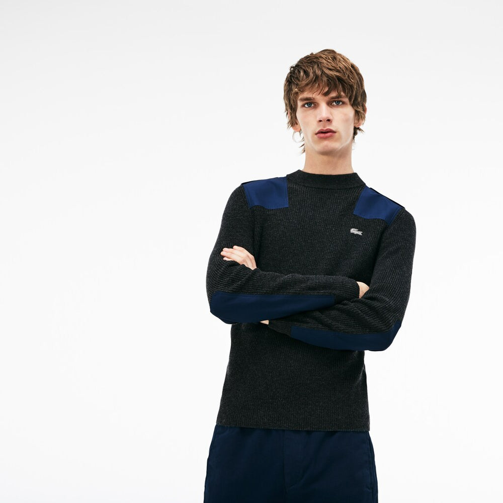 Mens   Crew Neck Colorblock Ribbed Wool And Cotton Sweater | Lacoste Grey / Navy Blue • D9E