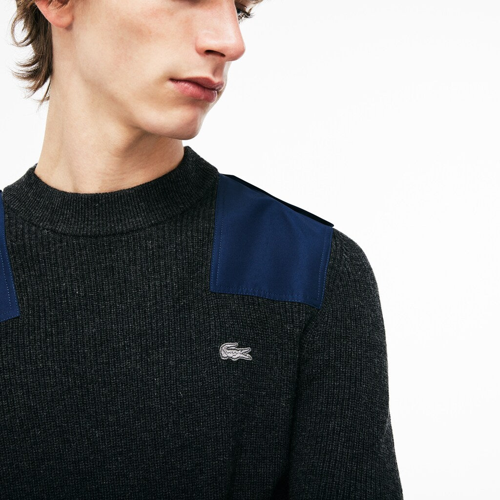 Mens   Crew Neck Colorblock Ribbed Wool And Cotton Sweater | Lacoste Grey / Navy Blue • D9E