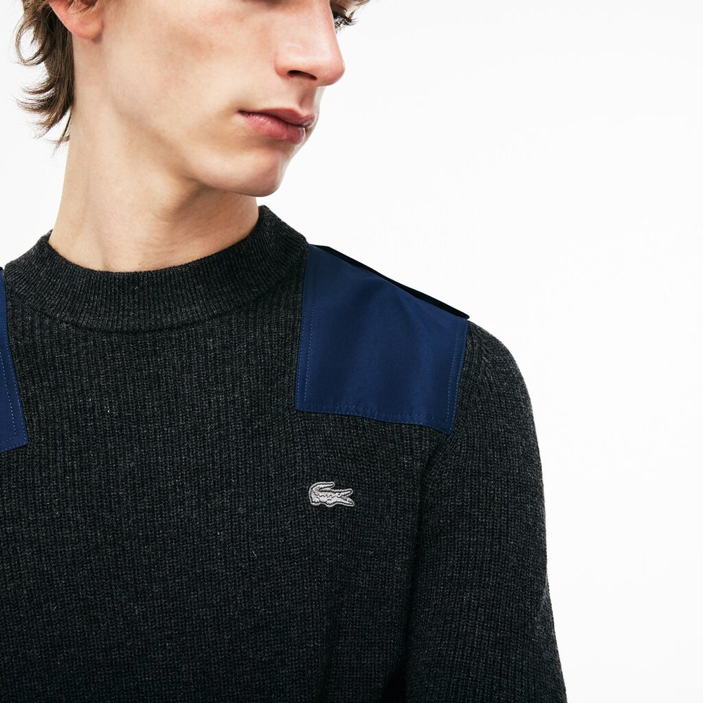 Mens   Crew Neck Colorblock Ribbed Wool And Cotton Sweater | Lacoste Grey / Navy Blue • D9E