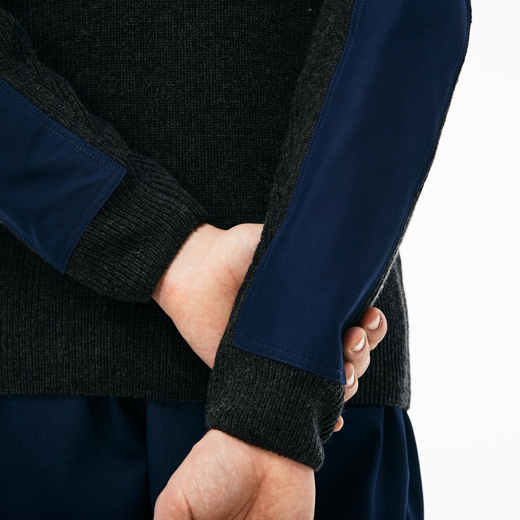Mens   Crew Neck Colorblock Ribbed Wool And Cotton Sweater | Lacoste Grey / Navy Blue • D9E