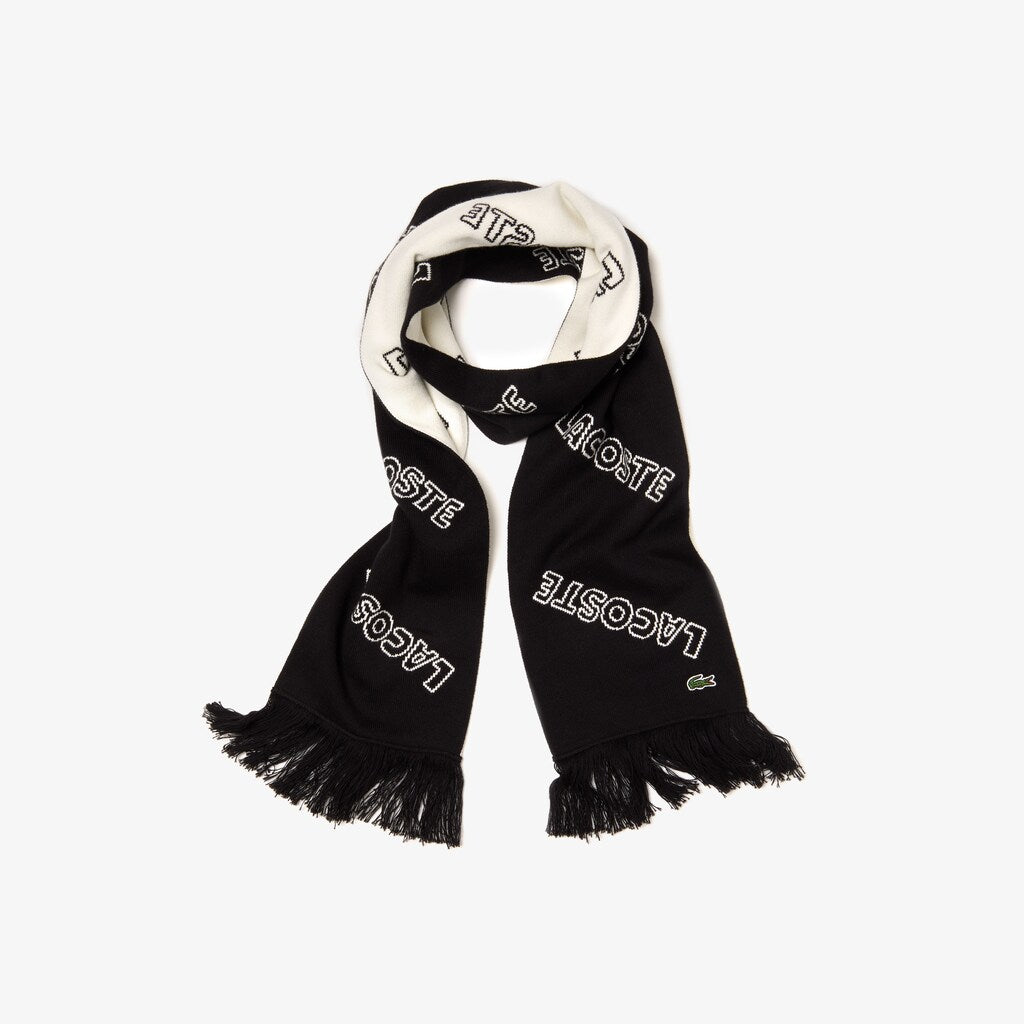 Mens   Lacoste LIVE Lettering Cashmere And Cotton Scarf | Lacoste Black / White • 258