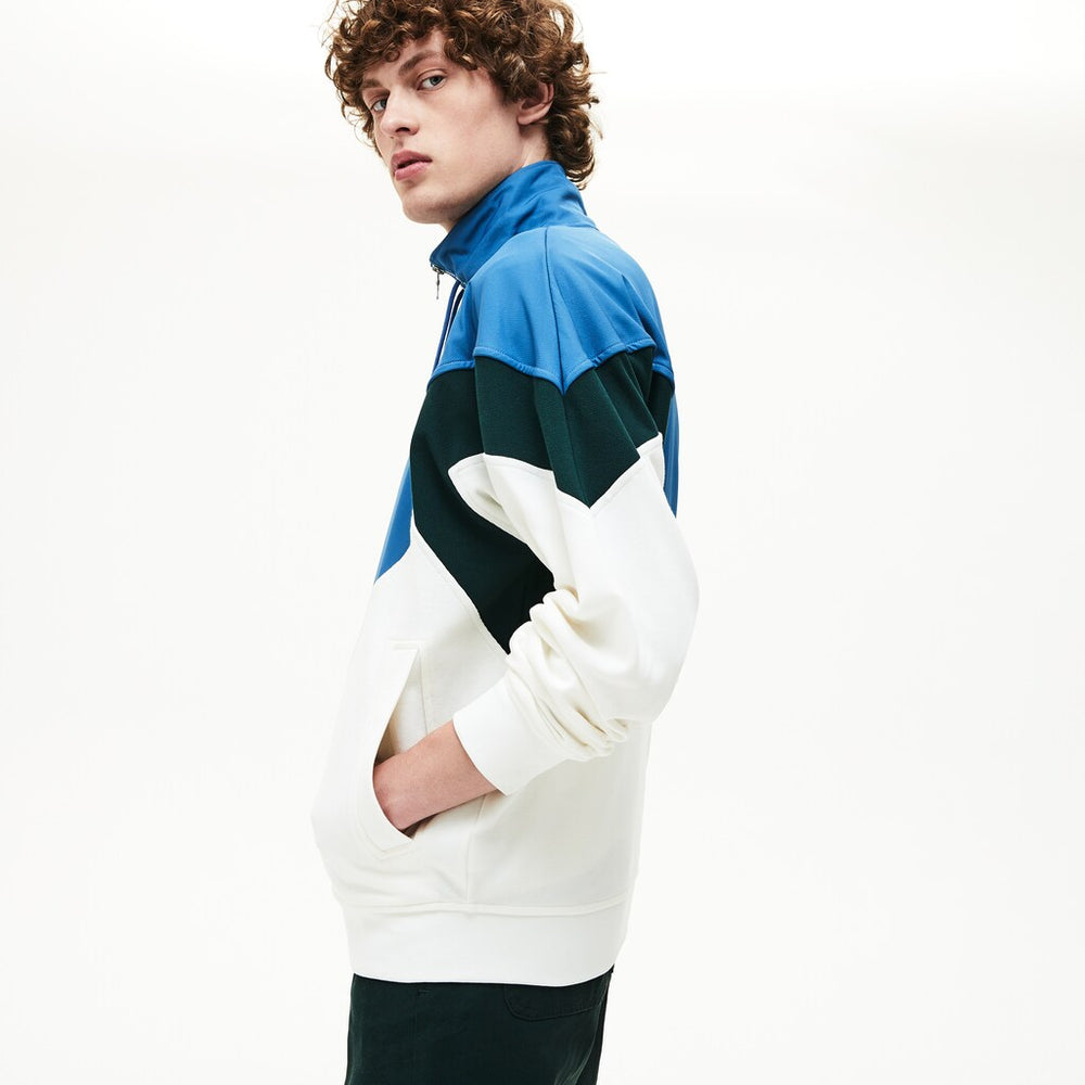 Mens   Standup Collar Color-Blocked Cotton Fleece Jacket | Lacoste White / Green / Blue • 1V1