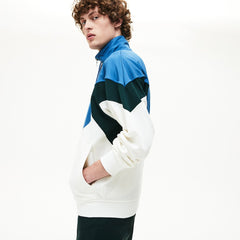 Mens   Standup Collar Color-Blocked Cotton Fleece Jacket | Lacoste White / Green / Blue • 1V1