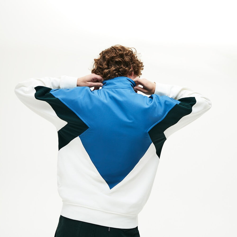 Mens   Standup Collar Color-Blocked Cotton Fleece Jacket | Lacoste White / Green / Blue • 1V1