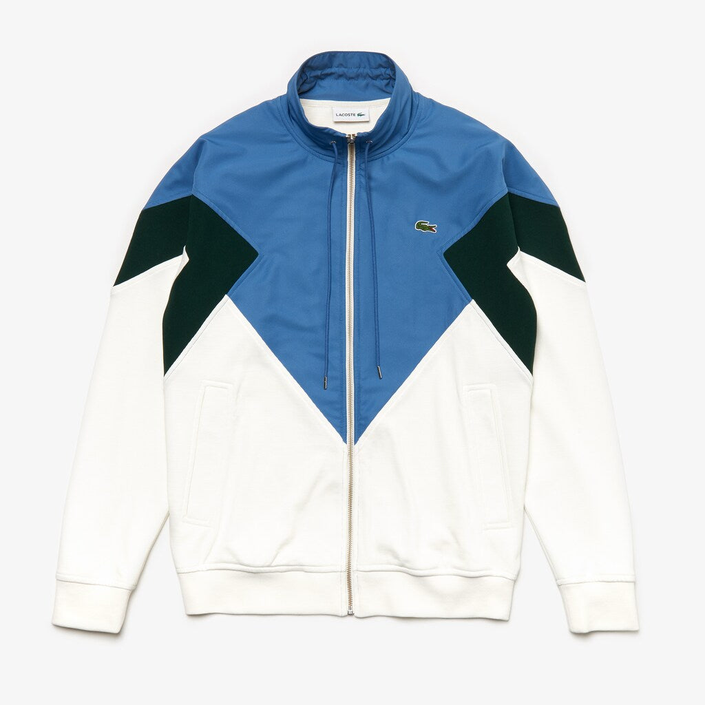 Mens   Standup Collar Color-Blocked Cotton Fleece Jacket | Lacoste White / Green / Blue • 1V1