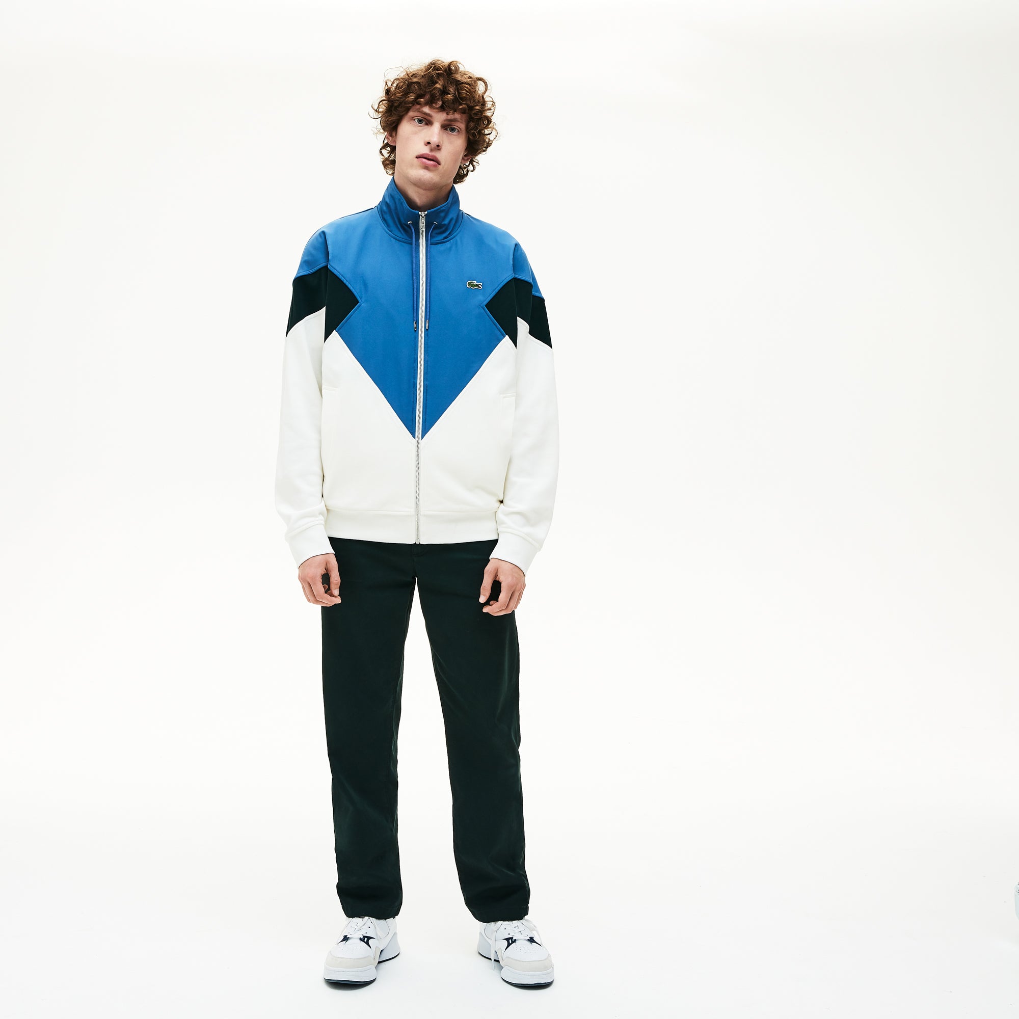 Mens   Standup Collar Color-Blocked Cotton Fleece Jacket | Lacoste White / Green / Blue • 1V1