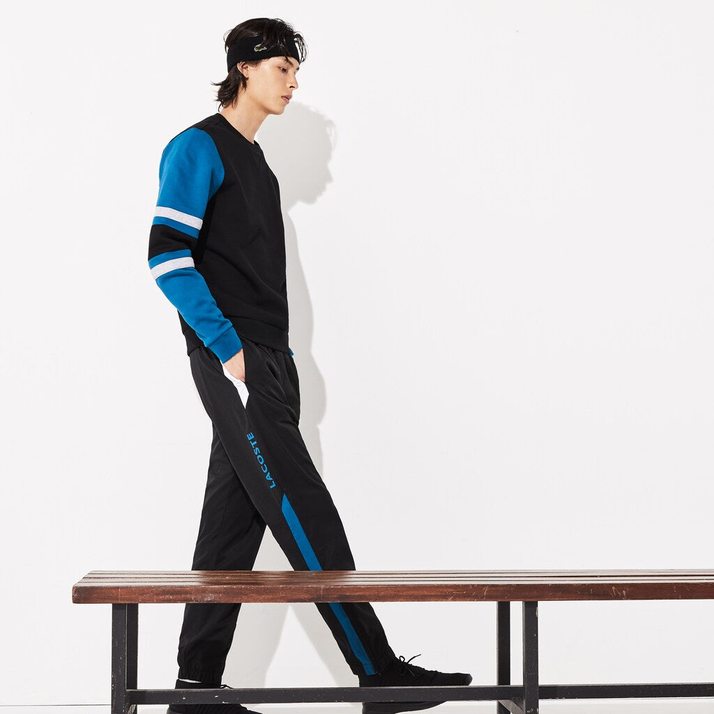 Mens   SPORT Striped-Sleeve Fleece Sweatshirt | Lacoste Black / Blue / Grey Chine / Black • 1Wl