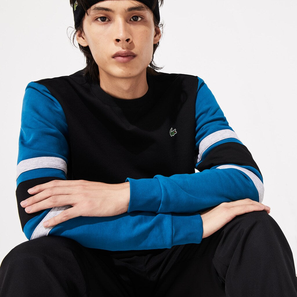 Mens   SPORT Striped-Sleeve Fleece Sweatshirt | Lacoste Black / Blue / Grey Chine / Black • 1Wl