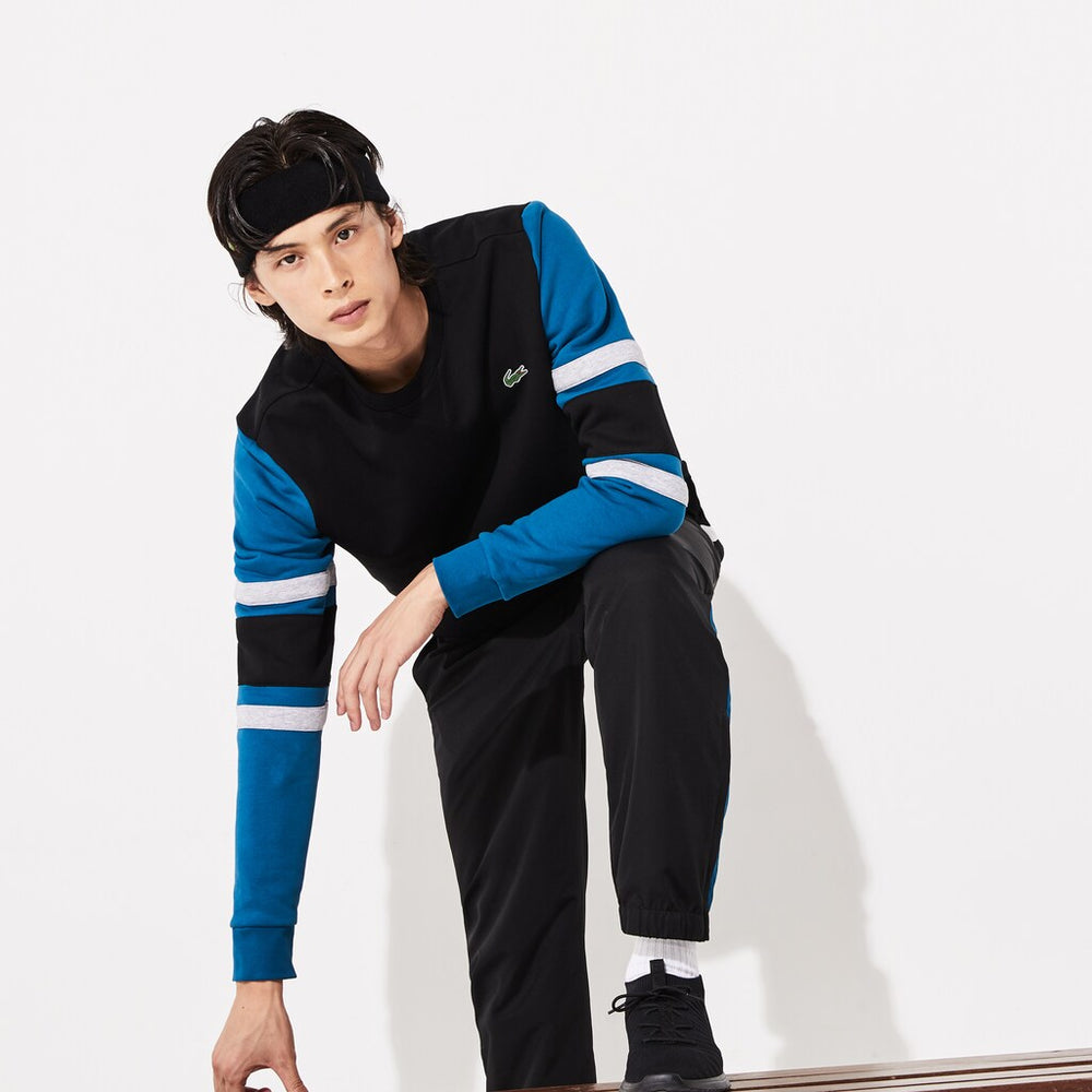 Mens   SPORT Striped-Sleeve Fleece Sweatshirt | Lacoste Black / Blue / Grey Chine / Black • 1Wl