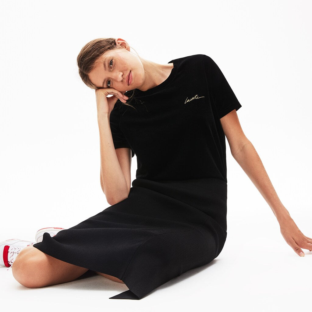 Womens Wo  LIVE Crewneck Golden Signature Velvet T-Shirt | Lacoste Black • 031
