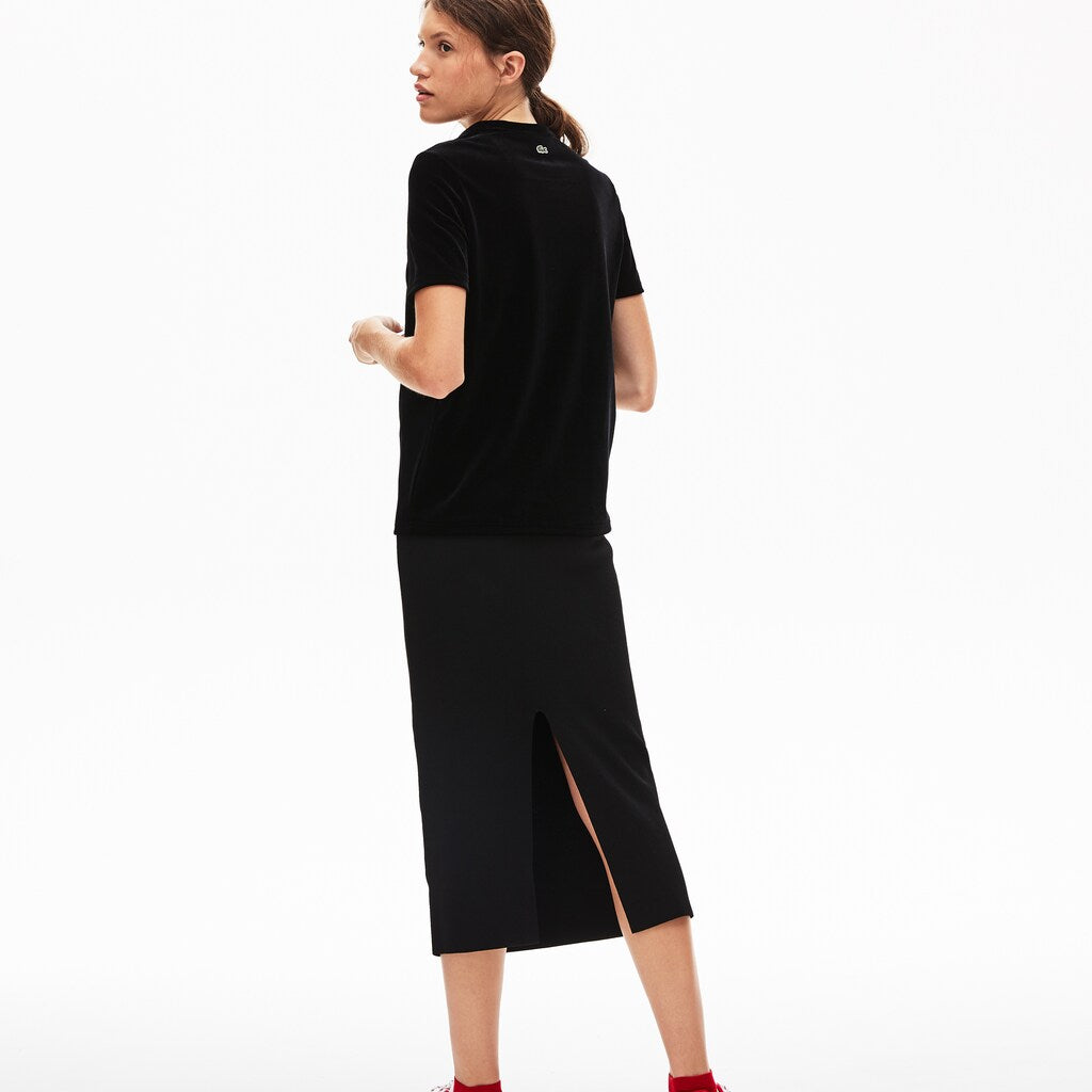 Womens Wo  LIVE Crewneck Golden Signature Velvet T-Shirt | Lacoste Black • 031