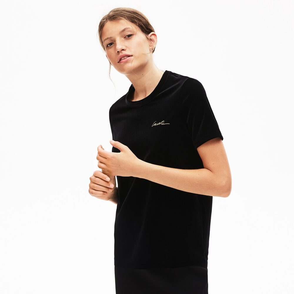 Womens Wo  LIVE Crewneck Golden Signature Velvet T-Shirt | Lacoste Black • 031
