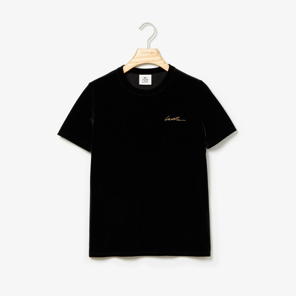 Womens Wo  LIVE Crewneck Golden Signature Velvet T-Shirt | Lacoste Black • 031