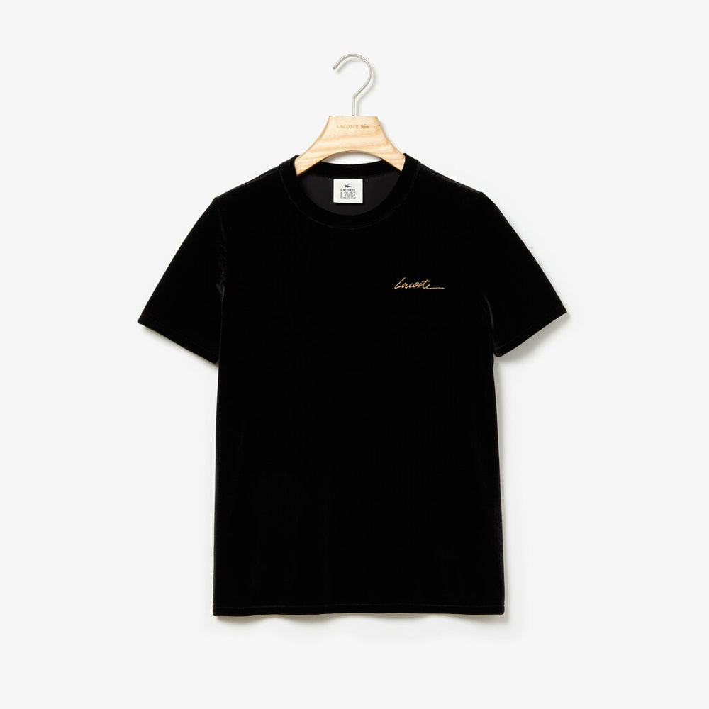Womens Wo  LIVE Crewneck Golden Signature Velvet T-Shirt | Lacoste Black • 031