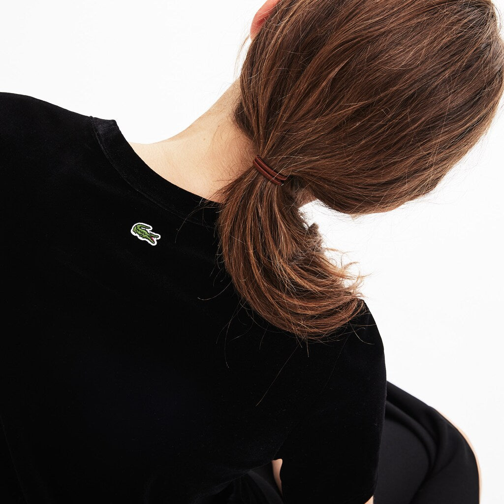 Womens Wo  LIVE Crewneck Golden Signature Velvet T-Shirt | Lacoste Black • 031