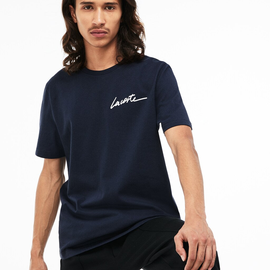 Mens   LIVE Crew Neck Signature Jersey T-shirt | Lacoste Blue / White • Gzy
